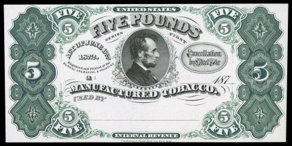Turner Plate Proof T-82, 5 lb. Series of 1872 Tobacco stamp plate proof, with central Lincoln vignette, lovely fresh example of this rare plate proof, extremely fine almost
never seen offered at auction.