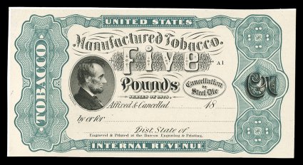 12 oz. to 5 lb. Series of 1878 Tobacco stamp plate proofs, with Lincoln vignette at left, on India, each mounted on card, the six designs which featured the profile at Lincoln,
wonderfully fresh and choice, extremely fine and rare unlike the