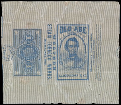 Manufactured tobacco tinfoil stamps, a scarce group of eight different 1879-83 Western Steam Tobacco Works tinfoils, each showing a portrait of Old Abe as an integral part of
the blue design, mounted on four double page exhibition pages and w
