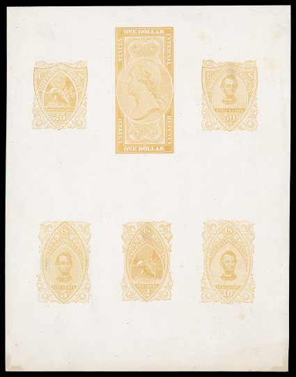 Turner Essay 230, 5c-$1.00 Orange, composite proof sheet of six different subjects (including the three Lincoln designs) on wove paper, comprised of Turner Types T, W, V, P, B
and R, measuring 168x215mm, bright color, two trivial shallow thins, f