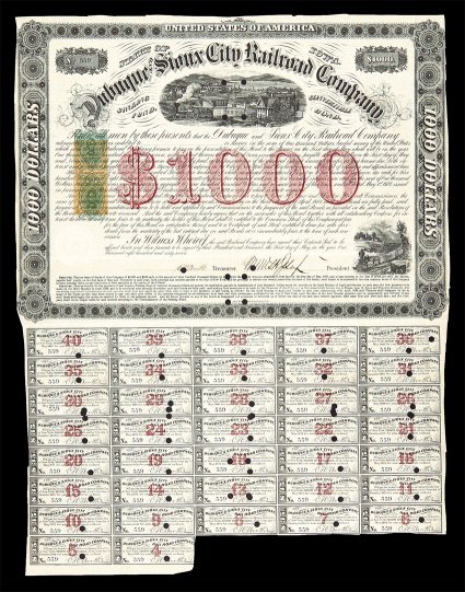 RN-P3, RN-V1, 5c Green and 50c Green, single impressions se-tenant to one another and obliterating a $1.00 Orange (RN-W2, which was imprinted originally by mistake) on a
striking 1867 State of Iowa Dubuque and Sioux City Railroad Company