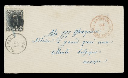 91, 15c Black, E grill,  natural s.e. at left, tied to neat and attractive 1869 cover to Tilleuls, Belgium by segmented cork cancel, with matching clear Buffalo, N.Y.May 18
c.d.s. below, red New York Paid allMay 19 transit c.d.s. at