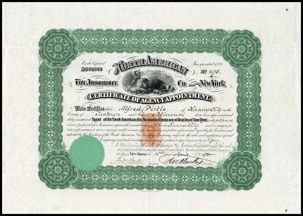 RN-P5, 5c Orange, single impression in center of 1870 North American Fire Insurance Company certificate of agency appointment, central vignette featuring mountain men and dogs
fighting a large bear, printed by the Continental Bank Note Co., u