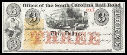 RN-P5, 5c Orange, four different gorgeous remainder script notes Office of the South Carolina Rail Road in denominations of $1.00 (two different), $2.00 and $3.00, each with 5c
Orange revenue imprint, very fine.