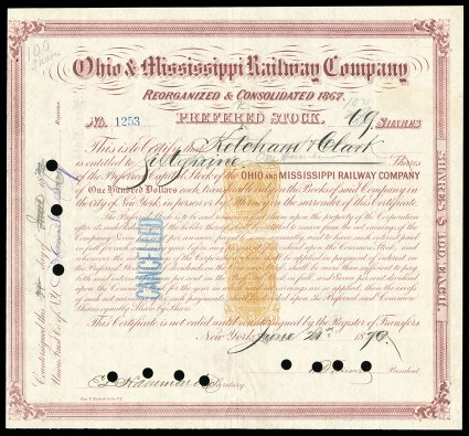 RN-P5, RN-T4, 5 Orange and 25c Orange, single impressions of each, one above the other on 1870 Ohio & Mississippi Railway Company preferred stock certificate, issued in New
York by Geo. F. Nesbitt & Co., orange impressions contrasting nicely