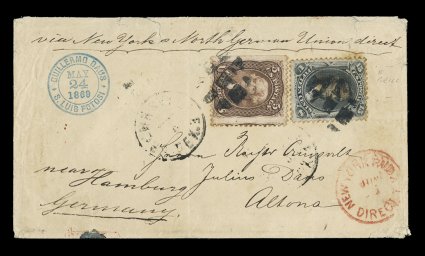 91, 15c Black, E grill, light perf. toning, used along with 5c Brown (76), natural s.e. at left, on cover from Mexico to Germany, with ms. Via New York & North German Union
direct senders endorsement across top, blue double circle