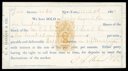 RN-R3, 10c Orange, single impression in center of 1868 C.S. Sloane & Co. (New York, N.Y.) brokers contract, excellent condition, very fine and scarce.