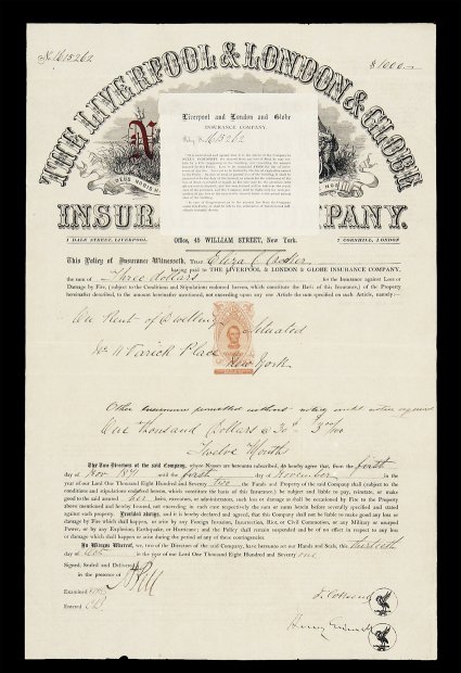 RN-R6, 10c Orange, with restrictive clause in tablet at base, single impression on large and striking 1872 New York City The Liverpool & London & Globe Insurance Company
insurance policy, with impressive central vignette at top with globe an