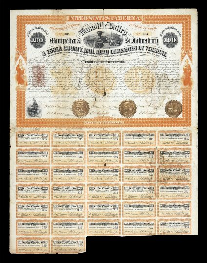 RN-T1, 10c Brown, single impression of this rarity, at left of most attractive 1871 Lamoille Valley, Montpelier & St. Johnsbury and Essex County Railroad Companies of Vermont
$100.00 First Mortgage Bond, with 32 coupons still attached, centr
