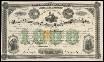 RN-V4, 50c Orange, single impression in center of wonderfully ornate 1871 State of Pennsylvania Union Passenger Railway Company of Philadelphia $1,000.00 Bond, printed by the
American Bank Note Co., lovely detail in the design including seve