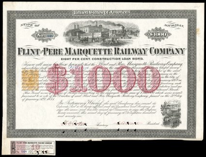 RN-V4, 50c Orange, single at left of an exceptionally handsome 1871 State of Michigan Flint and Pere Marquette Railway Company $1,000.00 Construction Loan Bond, printed by
Henry Seibert & Bros., with one coupon still attached, incredibly det