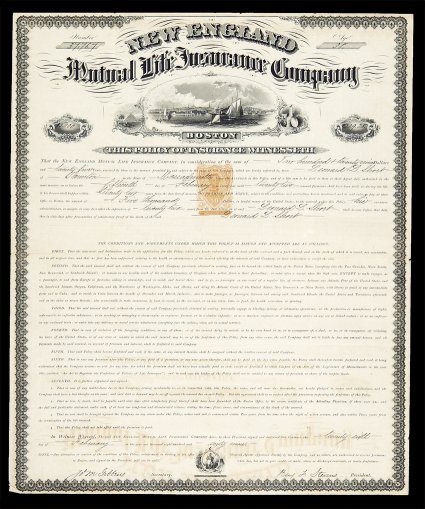 RN-V6, 50c Orange, with restrictive clause in tablet at base, single impression in center of most attractive 1869 New England Mutual Life Insurance Company life insurance
policy, lovely engraving at top including central vignette depicting B