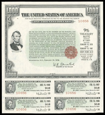 $1,000.00 Series B-1987 Treasury Note featuring exceptional Lincoln vignette engraving, a still valid 9% Treasury Note, with interest coupons 13-16 attached and unredeemed,
entire note measures 200x227mm and remains crisp and unfolded, a very fin