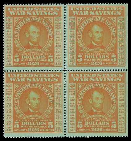 WS6, $5.00 Orange on green, an extremely rare mint block of four of this incredibly handsome stamp featuring Lincolns portrait, this being the first mint multiple of this we
have ever offered, quite fresh, radiant color and a prooflike impr