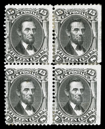 98, 15c Black, F grill, an extraordinarily rare mint block of four, being one of a very small number of existing mint blocks, most of which are either faulty andor without gum,
natural s.e. at right, quite fresh overall, full o.g. which i