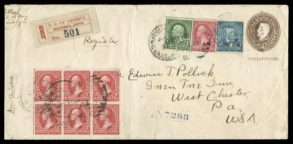 U13, 4c Brown stamped envelope, overprinted Philippines, an exceptional four-issue franking used from Shanghai, China to West Chester, Pennsylvania, additionally franked with a
block of six of U.S. 2c Red (279B), 2c and 5c stamps overprin