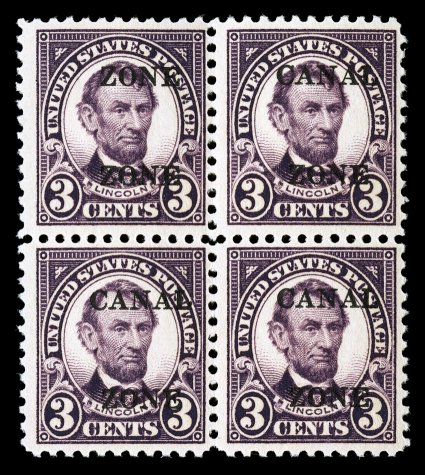 85a, 3c Violet, Zone Zone error, the top left stamp in a mint block of four, with the other three stamps normal, deep rich color, just slightly tropical o.g. as always,
fine-very fine 1994 PSE certificate.
