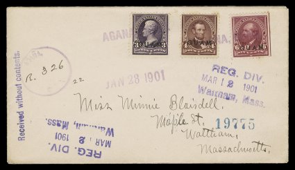 1-7, 1c-10c 1899 Overprints, a most attractive group of four covers franked with various first issues, one with seven different values up to the 10c on February 6, 1901 cover
from Agana to Oldenburg, an August 23, 1900 registered usage from Agan
