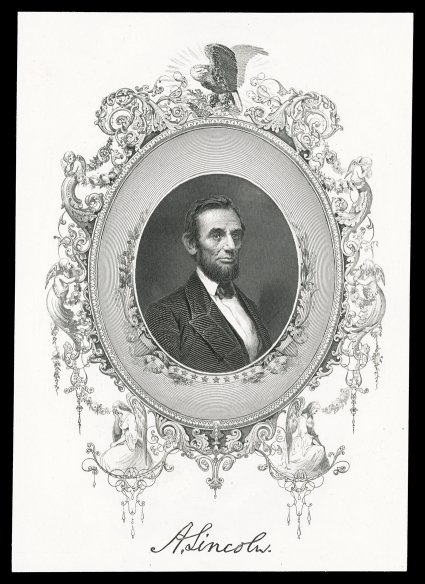1866 Treasury Mourning Engraving of Lincolns portrait the Treasury Department re-engraved the National Bank Note Co. die with ornate mourning frame elements surrounding the
central oval vignette, issued to the public for the 57th anniversary of