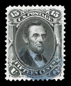 98, 15c Black, F grill, gem used example, boasting near perfect centering within very large margins, deep rich color and impression, light face-free blue cancel, extremely fine
a terribly challenging stamp to find in such premium conditio