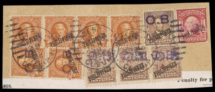 220, 4c Brown, with O.B. (Official Business) handstamp overprint in violet, tied to wonderful piece of a wrapper along with  three 10c Pale red brown (233), six 50c Orange
(236) and a single 2c Carmine (240) of the 1903-04 issue by thre