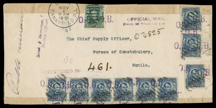226, 230, 1c Blue green and 5c Blue, with O.B. (Official Business) handstamped overprints in violet, a single of the former, three singles and a strip of three of the latter,
representing a franking of thirty-eight times the inter-island rate,