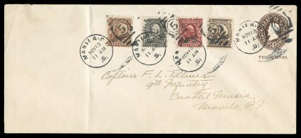 229, 231-33, 1c 4c, 6c and 8c 1903-04 Overprints, all tied to an overprinted 4c Brown on white stamped envelope (U14) by four clear strikes of Manila, P.I.Nov 13 duplex
postmarks, addressed to a Captain in the 9th Infantry in Manila, vertica