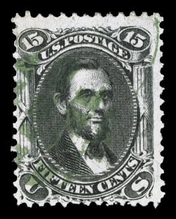 98, 15c Black, F grill, used, wonderfully postmarked by a very rare green town cancel, the first such example we have seen, fairly well centered, large closed tear at left,
still of fine appearance and the cancel itself is incredibly vivid