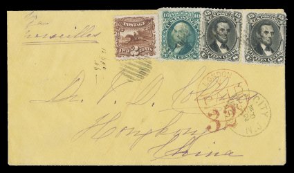 98, 15c Black, F grill, horizontal pair, used along with 10c Green, F grill (96) and 2c Brown 1869 Pictorial (113) to a most attractive canary colored 1869 cover to Hong Kong,
China by open grid cancels, stamps affixed slightly ove