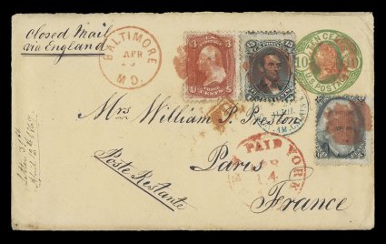 98, 15c Black, F grill, along with 2c Black, E grill (87) and 3c Red, F grill (94), singles of each all tied to a 10c Yellow green stamped entire (U41) to Paris, France by vivid
red cork postmarks, clear matching Baltimore, Md.