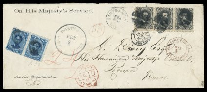 98, 15c Black, F grill, a horizontal strip of three, used in combination with Hawaii 5c Blue (32) on a legal size 1870 cover to Rouen, France, 15c stamps tied by segmented cork
cancels, while the Hawaii 5c pair with negative HI cancels,