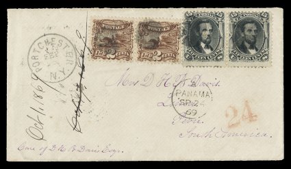 98, 15c Black, F grill, along with 2c Brown 1869 Pictorial (113), horizontal pairs of each, just tied to small 1869 cover to Lima, Peru by quartered cork cancels, Portchester,
N.Y.Sep 15 c.d.s. alongside, with clear British APanamaS