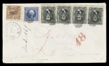 98, 15c Black, F grill, along with 2c Brown (113) and 6c Ultramarine (115) 1869 Pictorials, a single and a strip of three of the 15c, and singles of the 2c and 6c Pictorials,
all tied to a double 34c rate prepaid 1869 cover to Lima, Peru