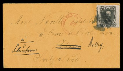 98, 15c Black, F grill, an absolutely enormous right-margin straddle pane copy, with other margins equally wide, tied to orange colored 1869 cover to Zurich, Switzerland by
quartered cork NYFM cancel, red New York Paid All exchange c.d.s