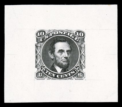 116-E1b, 10c Lincoln, unadopted design, incomplete large die essay in Black on India, mounted on card and measuring 44x38mm, incomplete design has a large unshaded collar and
lacks cross hatching in triangles between labels and faces, in additio