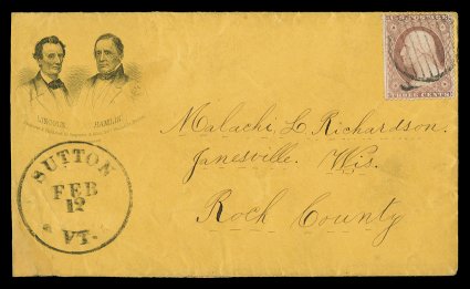 Lincoln thematic postal history group of ten covers, nearly all from the 19th century, includes two used Lincoln and Hamlin presidential campaign covers (two different designs),
a Hannibal Hamlin free frank cover, an attractive 2c Red brown frank