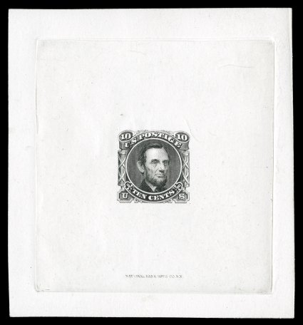 116-E1c, 10c Lincoln, unadopted design, large die essay in Black on India, die sunk on 77x93mm card, with National Bank Note Co. imprint at bottom, very fine and especially
handsome in black, which is a very rare color, as it is thought only