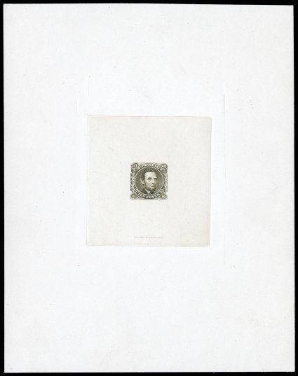 116-E1c, 10c Lincoln, unadopted design, large die essay in Black brown on India, die sunk on nearly full sized card measuring 150x192mm, with National Bank Note Co. imprint at
bottom, unusually clean and well preserved, small facial thin to ca