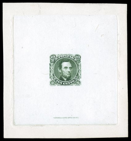 116-E1c, 10c Lincoln, unadopted design, large die essay in Green on India, die sunk on 77x84mm card, with National Bank Note Co. imprint at bottom, small minor facial nick to
India paper at top right well away from the die, still very fine and