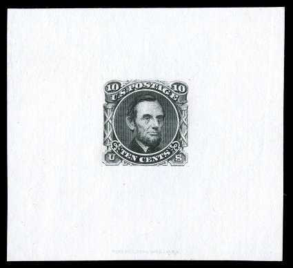 116-E1d, 10c Lincoln, unadopted design, large die essay in Black on India, measuring 64x58mm, with National Bank Note Co. imprint at bottom, without any of the faults so often
encountered on these scarce essays, very fine and choice.