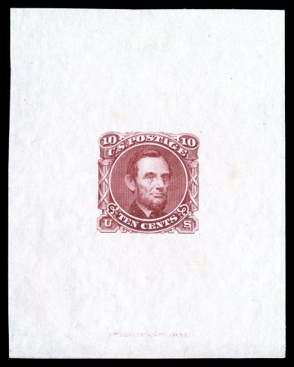 116-E1d, 10c Lincoln, unadopted design, large die essay in Bright red on India, measuring 64x67mm, with National Bank Note Co. imprint at bottom, completely without the typical
India paper flaws, very fine and lovely.