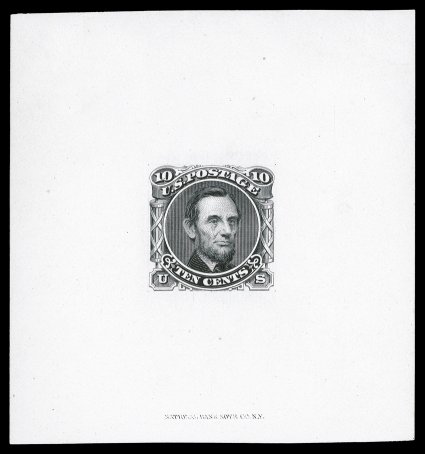 116-E1e, 10c Lincoln, unadopted design, large die essay in Black on ivory paper, measuring 64x69mm, with National Bank Note Co. imprint at bottom, just the faintest trace of two
tiny hinge thin specks, overall very fine a particularly scarce