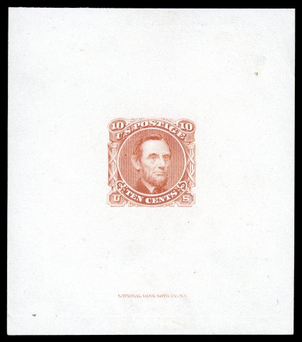 116-E1e, 10c Lincoln, unadopted design, large die essay in Scarlet on ivory paper, measuring 64x73mm, with National Bank Note Co. imprint at bottom, insignificant hinge thin
speck, still very fine and rare.