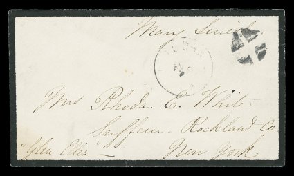 Mary (Todd) Lincoln free frank on a petite mourning cover addressed to Mrs. Rhoda E. White in Suffern, N.Y., signed Mary Lincoln, light strike of Altoona, Pa.Aug 20 (1868)
c.d.s., minor toned spot at bottom left, very fine undoubtedly wri