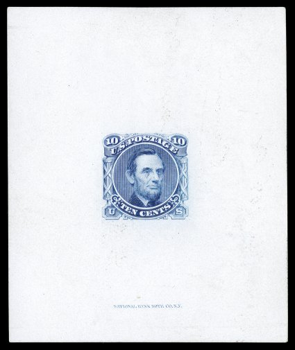 116-E1e, 10c Lincoln, unadopted design, large die essay in Blue on ivory paper, measuring 64x77mm, with National Bank Note Co. imprint at bottom, just the faintest suggestion of
a tiny thin speck of no consequence, very fine an exceedingly ha