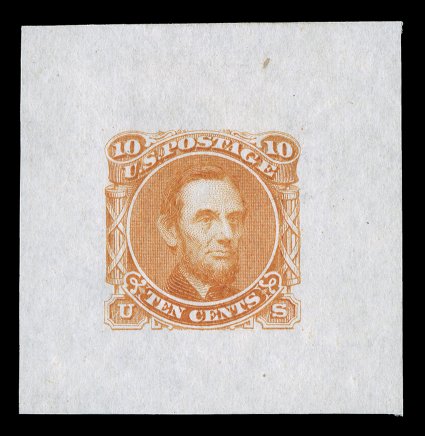 116-E1g, 10c Lincoln, unadopted design, large die essay in Red orange on cloudy cream bond paper, measuring 38x38mm, without imprint at bottom, very fine another rare and
attractive essay.
