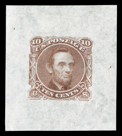 116-E1g, 10c Lincoln, unadopted design, large die essay in Light red brown on cloudy cream bond paper, measuring 35x39mm, without imprint at bottom, very fine a rare and seldom
offered essay.