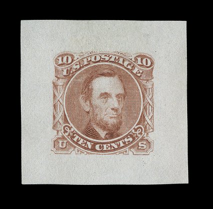 116-E1g var., 10c Lincoln, unadopted design, large die essay in Light red brown on cloudy cream wove paper, measuring 35x39mm, without imprint at bottom, similar to the essay in
the previous lot but on unlisted wove paper, very fine quite rare,
