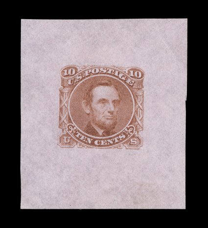 116-E1h, 10c Lincoln, unadopted design, large die essay in Red brown on pink bond paper, measuring 38x43mm, without imprint at bottom, very fine an especially eye-appealing
essay and obviously rare ex-Finkelburg.