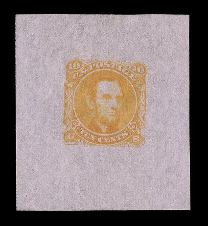 116-E1h, 10c Lincoln, unadopted design, large die essay in Yellow on pink bond paper, measuring 39x44mm, without imprint at bottom, very fine a striking color combination
ex-Finkelburg.